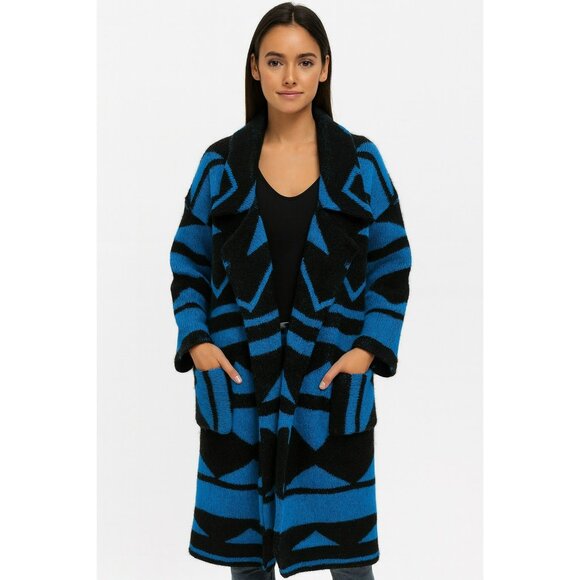 90’s Funky Vintage I.B. Diffusion Blue & Black Geometric Wool Blend Open Front L - Picture 1 of 9